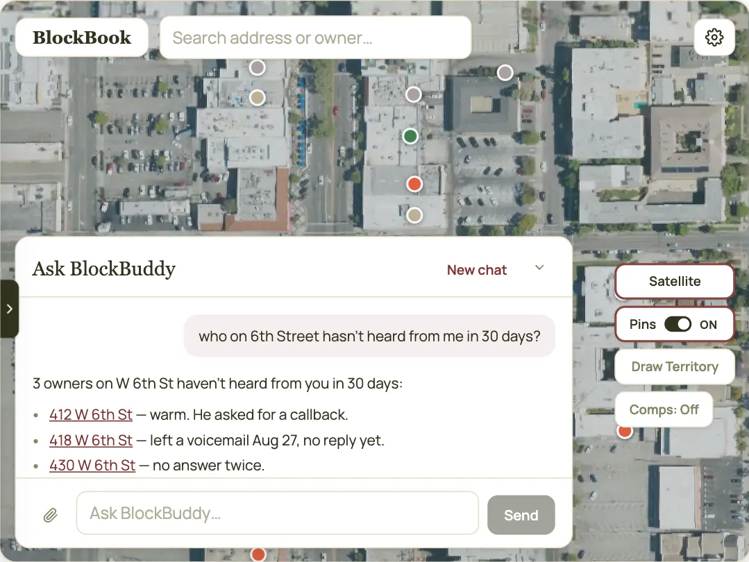 BlockBuddy, BlockBook's in-app assistant, answering which property owners haven't been contacted in 30 days
